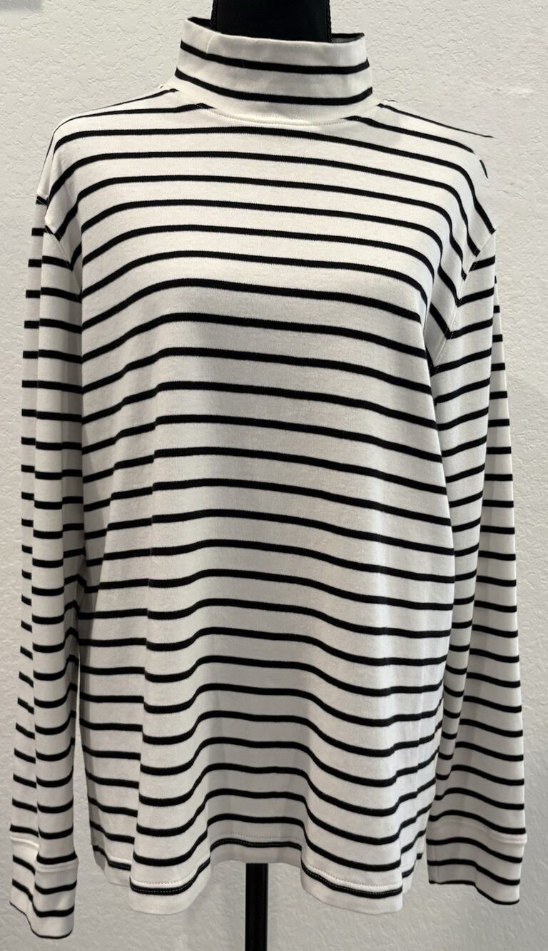 Lands’ End Women’s Black and White Striped Long Sleeve Mock Neck Knit Top Sz XL